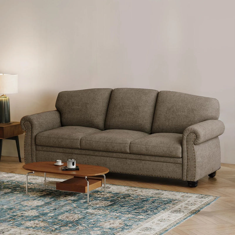 90 Inch 3 Seater Sofa Nailhead Trim Farmhouse Couches with Rolled Arm, 23" Deep Seat