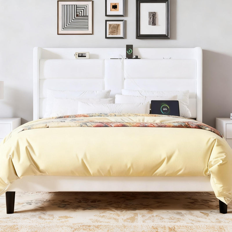 Upholstered Platform Bed Frame with Charging Station, Velvet Wingback Headboard with Storage Shelf