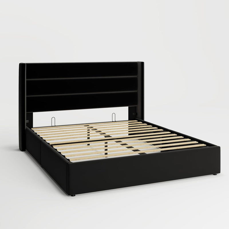 Velvet Lift Up Storage Bed with Modern Wingback Headboard Hydraulic Support, No Box Spring Needed