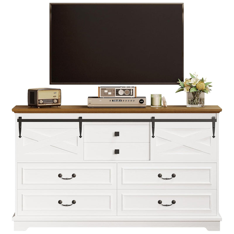 Farmhouse 6 Drawers Dresser, 55.1" Large Drawers, Wooden Chest of Drawers with Sliding Barn Door
