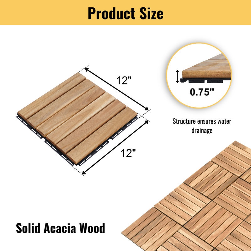 30 PCS Interlocking Deck Tiles, 12"x12" Waterproof Solid Acacia Wood Patio Tiles, Flooring Tiles Outdoor All Weather