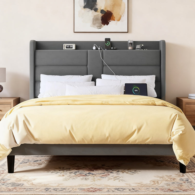 Upholstered Platform Bed Frame with Charging Station, Velvet Wingback Headboard with Storage Shelf