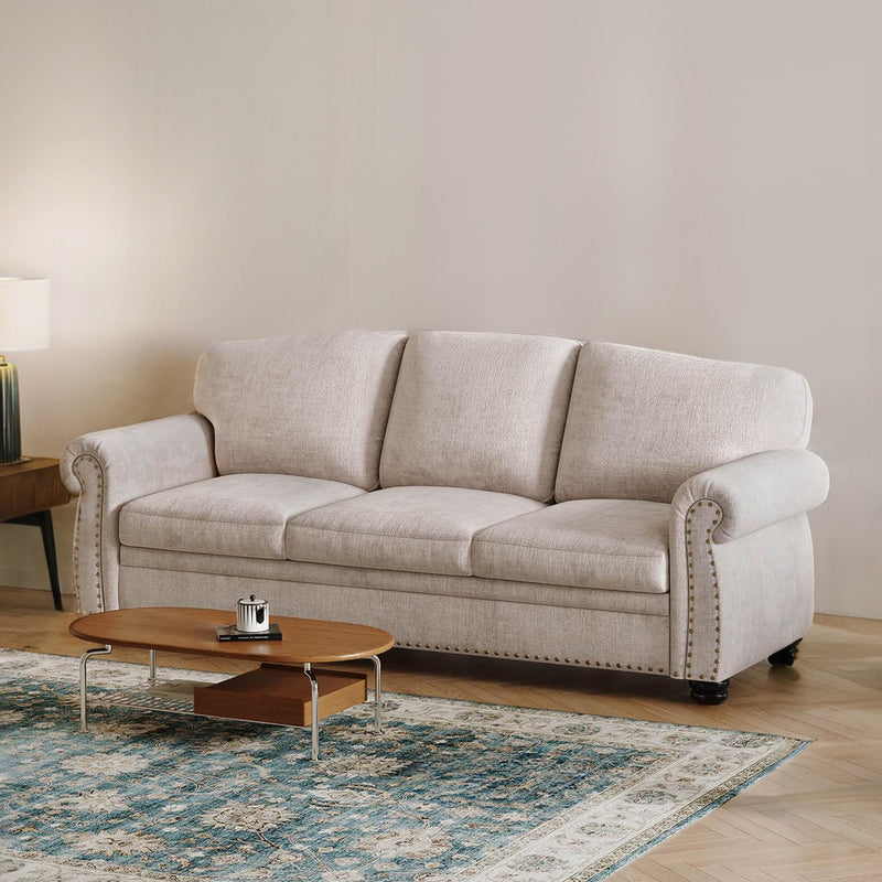 90 Inch 3 Seater Sofa Nailhead Trim Farmhouse Couches with Rolled Arm, 23" Deep Seat