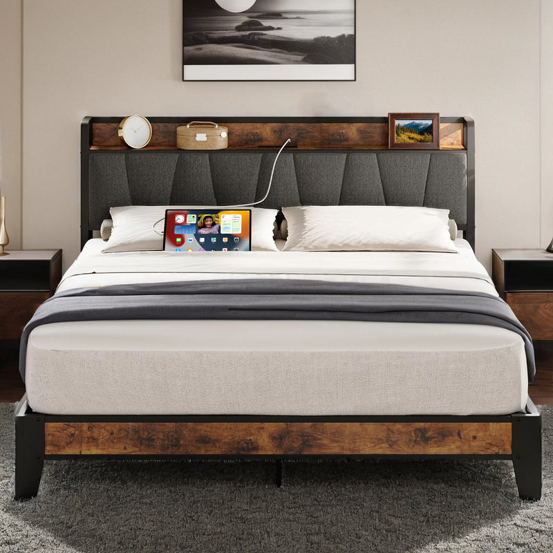 Upholstered Bed Frame Bed Frame, Storage Headboard with Charging Station, No Box Spring Needed
