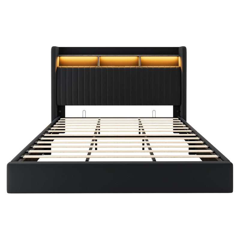 Lift Up Storage Bed Frame with Charging Station & LED Lights, Upholste ...