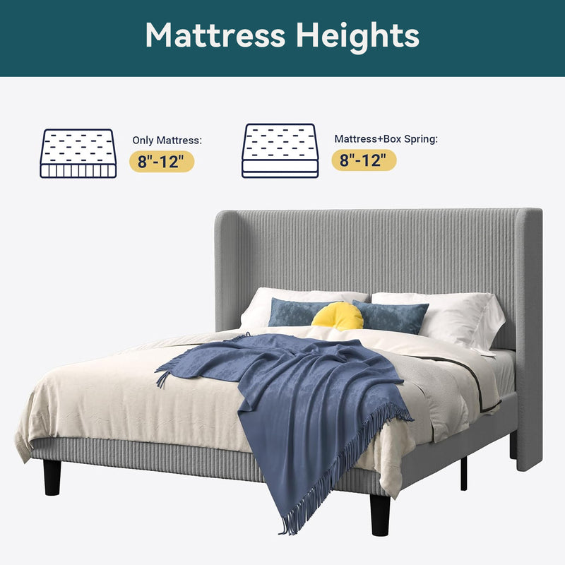 Upholstered Bed Frame in Corduroy Velvet with Wingback Headboard, No Box Spring Needed