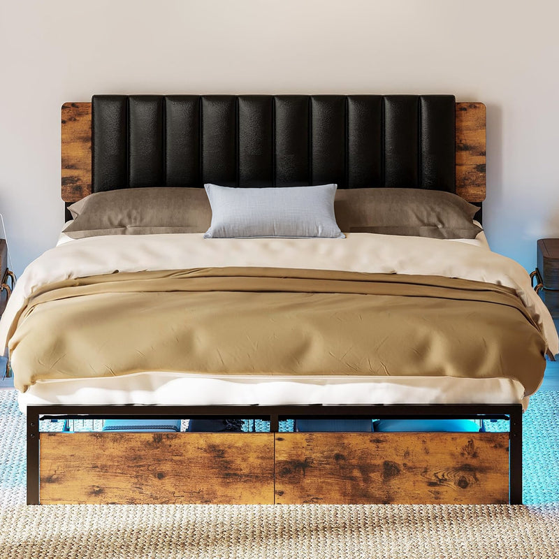 Platform Bed Frame with Removable PU Leather headboard, Charging Station, Drawers