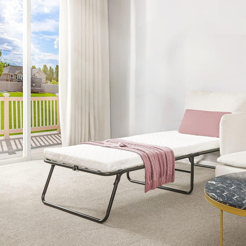 Adult Folding Bed Portable Bed with Wheels, Metal Bed Frame with Memory Foam Mattress, No Assembly Needed