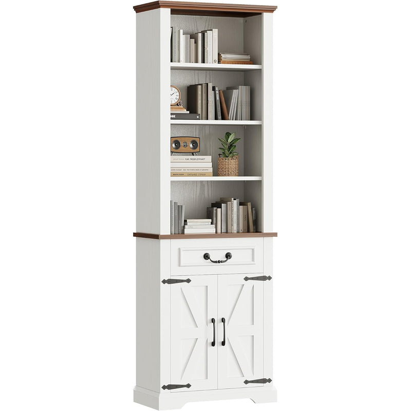 72" Bookshelf Sideboard with Storage Cabinet, Tall Farmhouse Bookcase 4 Tier Open Shelf Bookcase with Adjustable Shelves Drawer LED Lights
