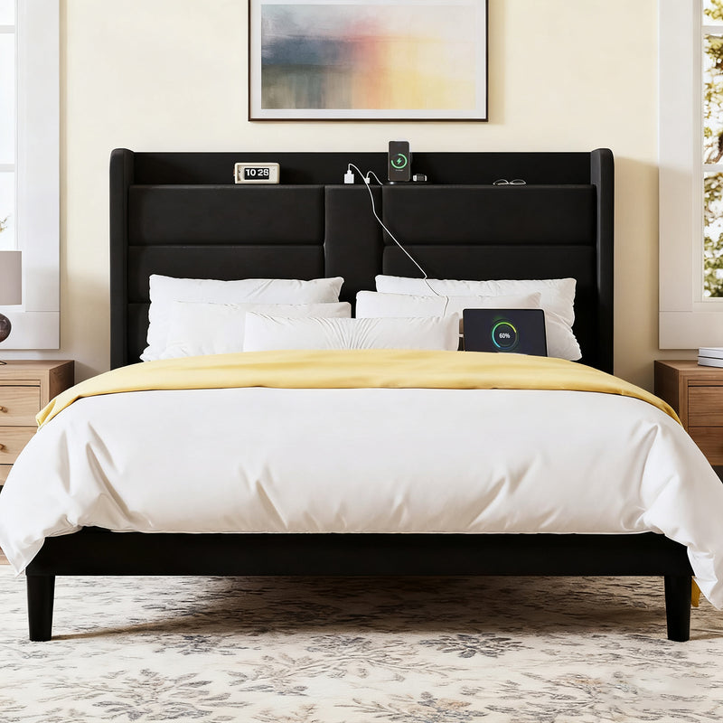 Upholstered Platform Bed Frame with Charging Station, Velvet Wingback Headboard with Storage Shelf