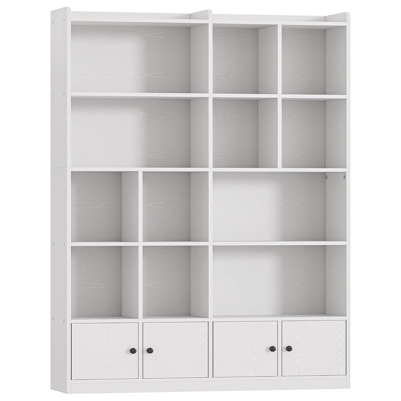 Black tall bookshelf filled with books and decor, showing various shelves; modern home office style.