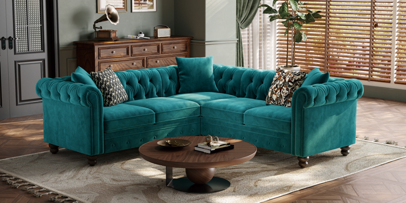 Chesterfield L-Shaped Sectional Sofa, Velvet 5 Seater Counch with 3 Throw Pillows, Tufted Corner Couch with Rolled Armrest