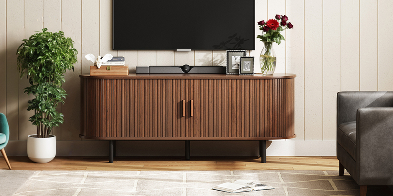 55 inch TV Cabinet with Storage, Storage Cabinet with Sliding Doors for Living Room, Bedroom