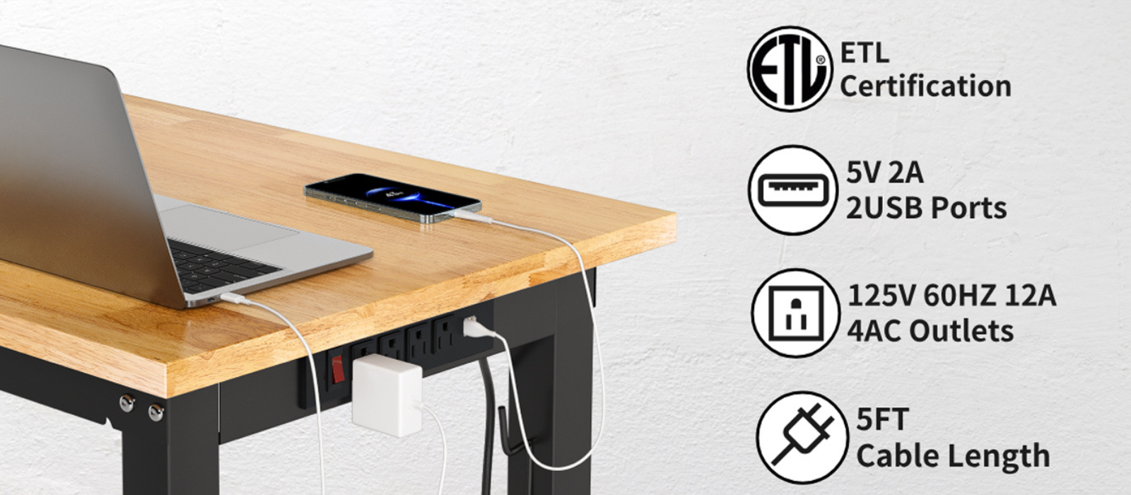 Height Adjustable Workbench with Power Outlets, 2000 LBS Load Capacity ...