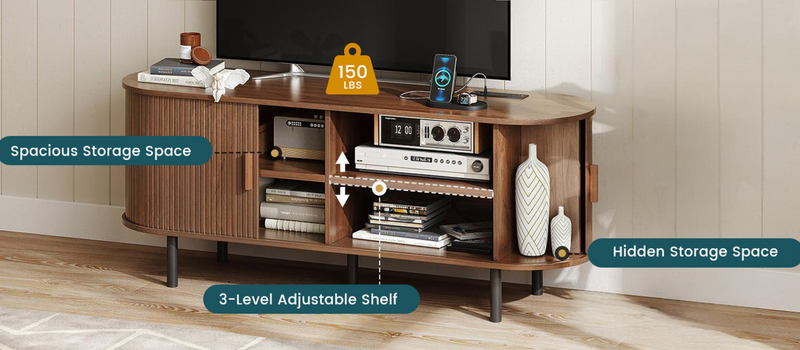 55 inch TV Cabinet with Storage, Storage Cabinet with Sliding Doors for Living Room, Bedroom
