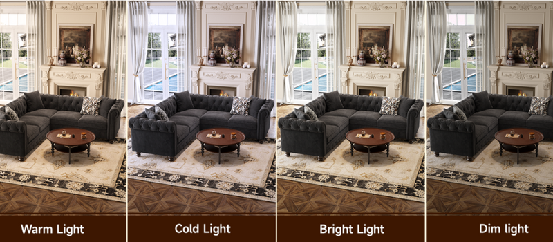 Chesterfield L-Shaped Sectional Sofa, Velvet 5 Seater Counch with 3 Throw Pillows, Tufted Corner Couch with Rolled Armrest
