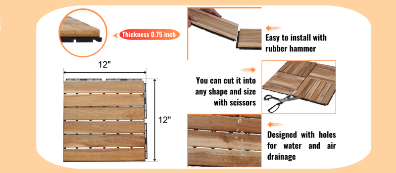 30 PCS Interlocking Deck Tiles, 12"x12" Waterproof Solid Acacia Wood Patio Tiles, Flooring Tiles Outdoor All Weather