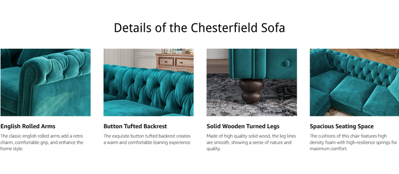 Chesterfield L-Shaped Sectional Sofa, Velvet 5 Seater Counch with 3 Throw Pillows, Tufted Corner Couch with Rolled Armrest