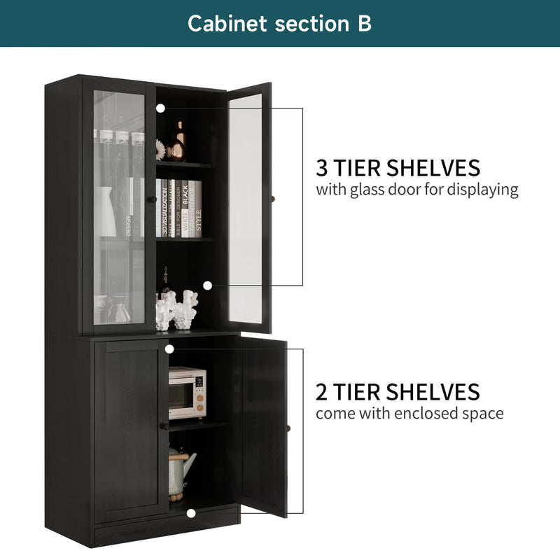 White modular cabinet with glass doors and drawers, loaded with books and decor.