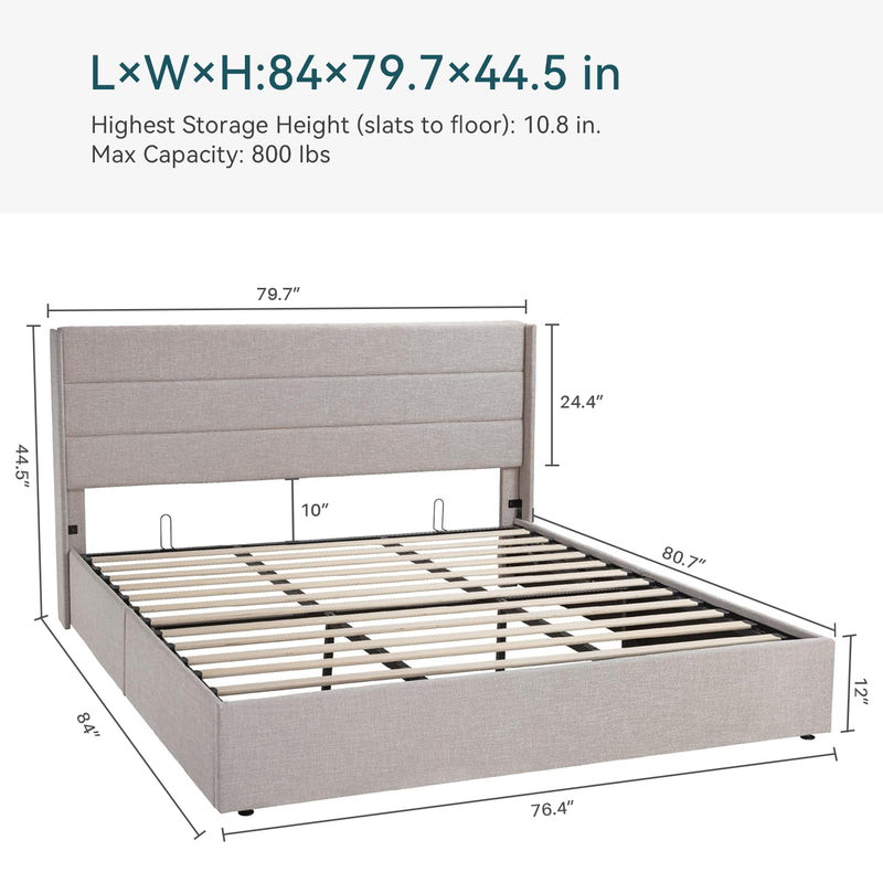 Lift Up Storage Bed Frame Hydraulic Storage with Modern Wingback Headboard, No Box Spring Required