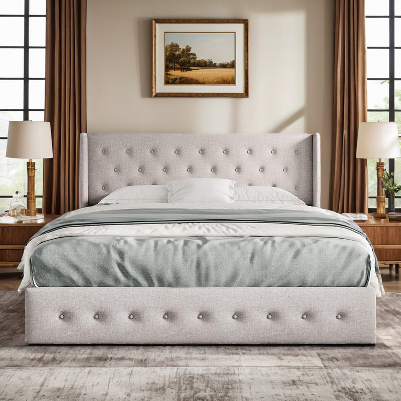 Lift Up Storage Bed Frame Hydraulic Storage with Buttons Tufted Headboard, No Box Spring Required