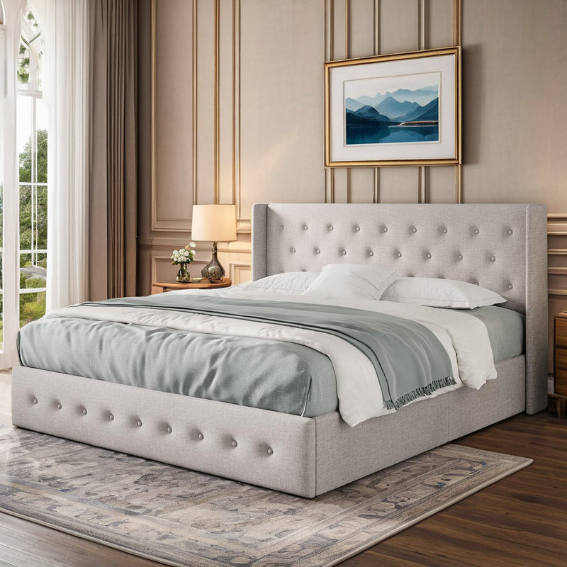 Lift Up Storage Bed Frame Hydraulic Storage with Buttons Tufted Headboard, No Box Spring Required