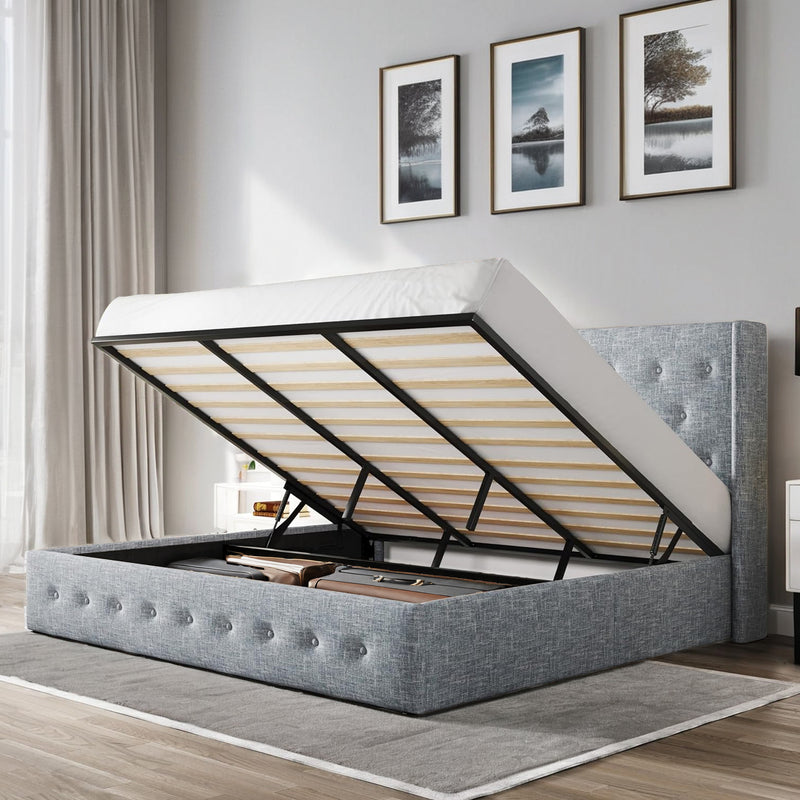 Lift Up Storage Bed Frame Hydraulic Storage with Buttons Tufted Headboard, No Box Spring Required