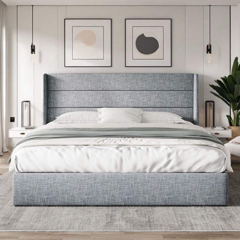 Lift Up Storage Bed Frame Hydraulic Storage with Modern Wingback Headboard, No Box Spring Required