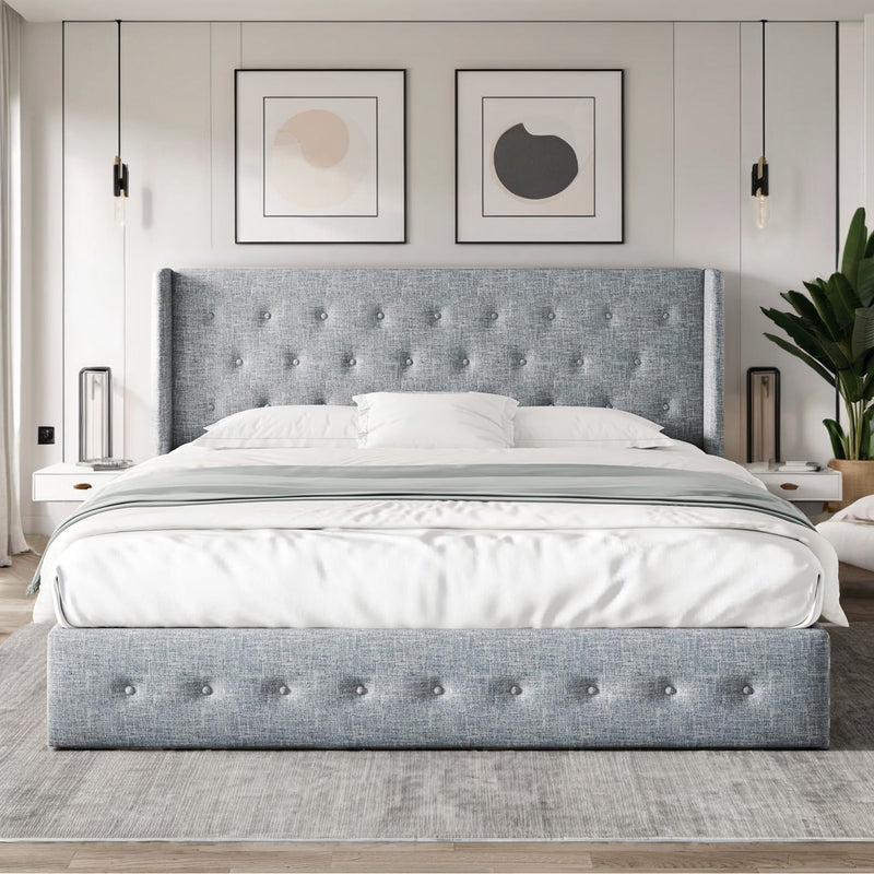 Lift Up Storage Bed Frame Hydraulic Storage with Buttons Tufted Headboard, No Box Spring Required