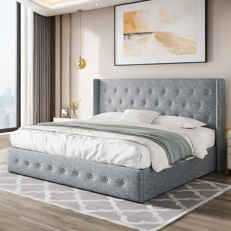 Lift Up Storage Bed Frame Hydraulic Storage with Buttons Tufted Headboard, No Box Spring Required