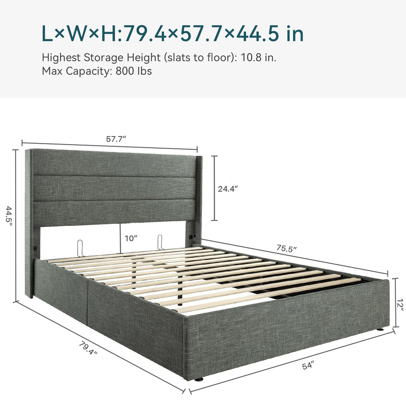 Lift Up Storage Bed Frame Hydraulic Storage with Modern Wingback Headboard, No Box Spring Required