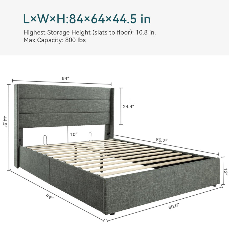 Lift Up Storage Bed Frame Hydraulic Storage with Modern Wingback Headboard, No Box Spring Required