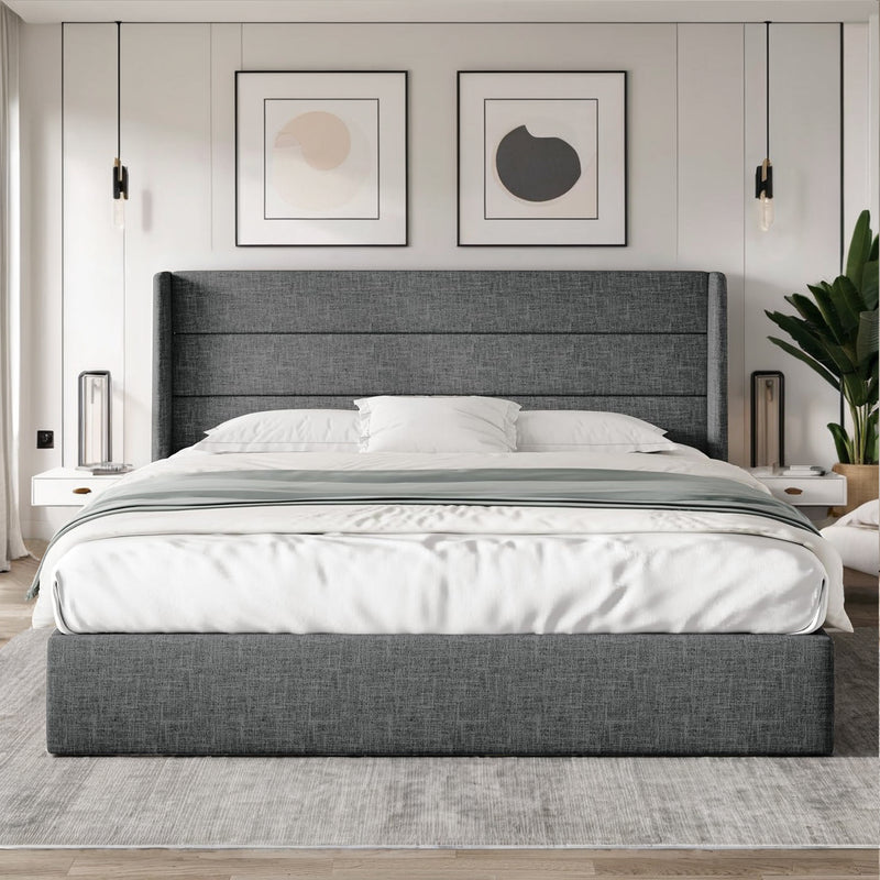 Lift Up Storage Bed Frame Hydraulic Storage with Modern Wingback Headboard, No Box Spring Required