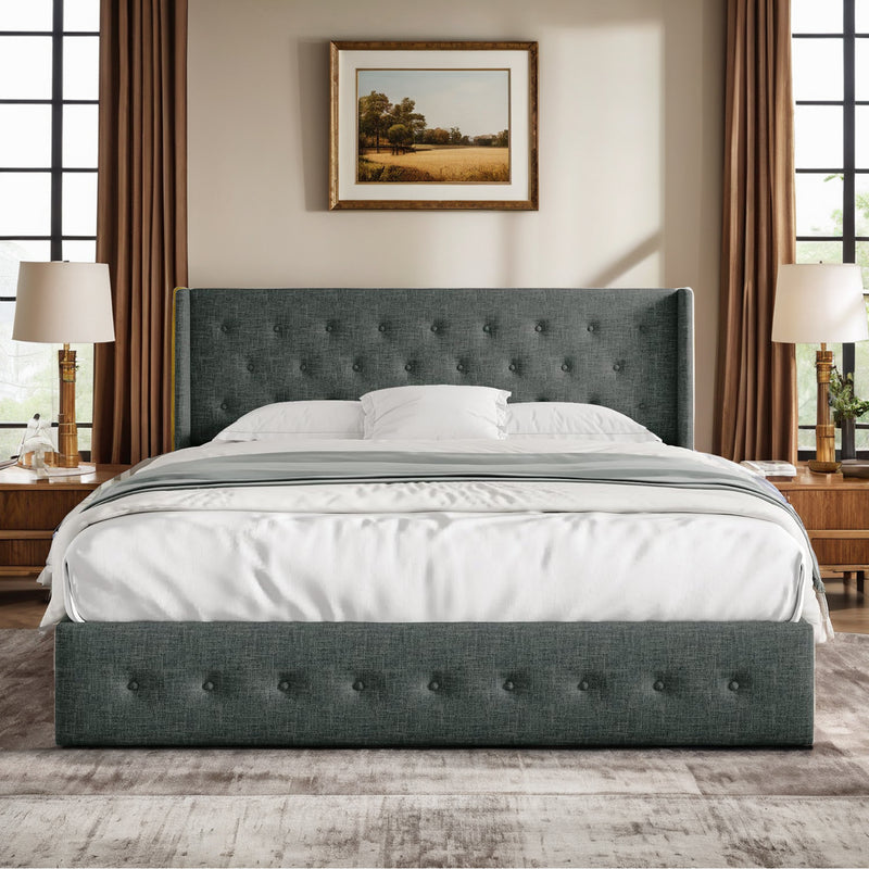 Lift Up Storage Bed Frame Hydraulic Storage with Buttons Tufted Headboard, No Box Spring Required