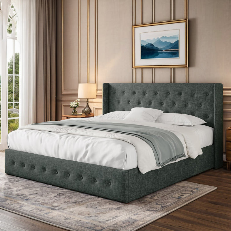 Lift Up Storage Bed Frame Hydraulic Storage with Buttons Tufted Headboard, No Box Spring Required