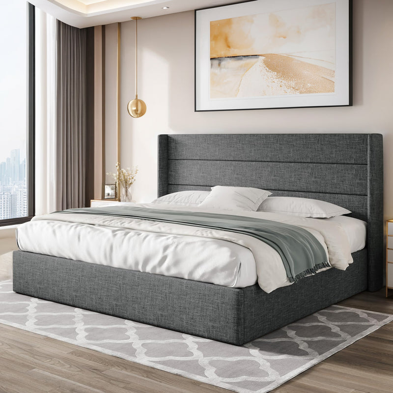 Lift Up Storage Bed Frame Hydraulic Storage with Modern Wingback Headboard, No Box Spring Required