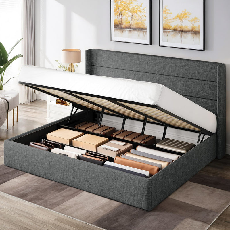 Lift Up Storage Bed Frame Hydraulic Storage with Modern Wingback Headboard, No Box Spring Required