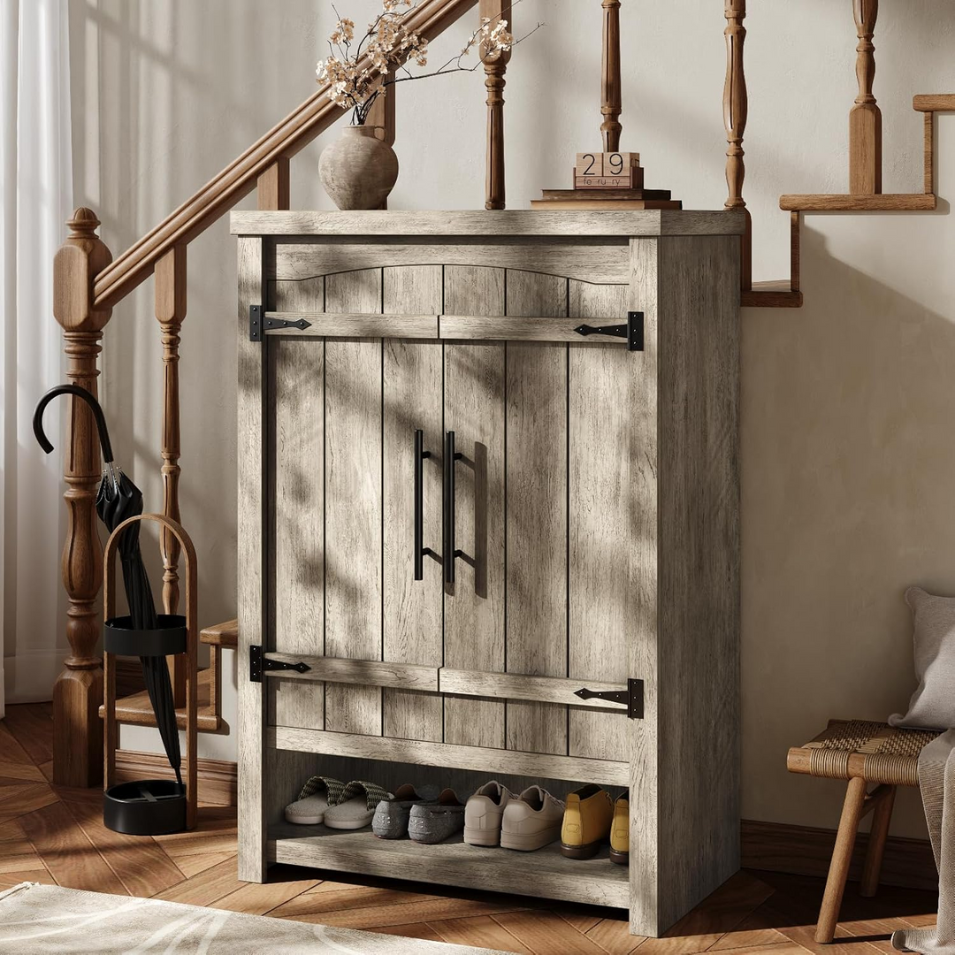 6 Tier Shoe Cabinet with Doors, Farmhouse Shoe Organizer with