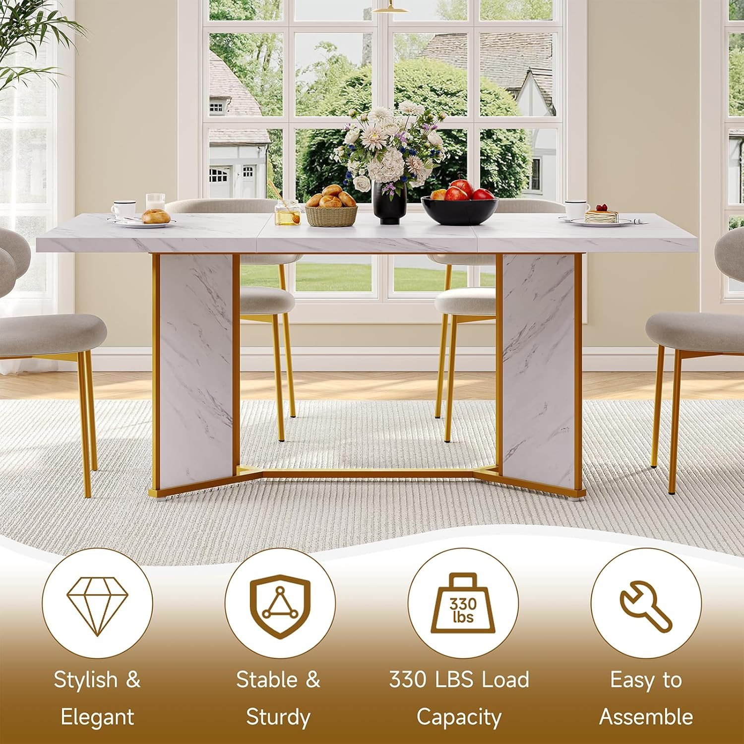 Marble Pattern Dining Table, Marble Wooden Kitchen Table, Modern Recta ...