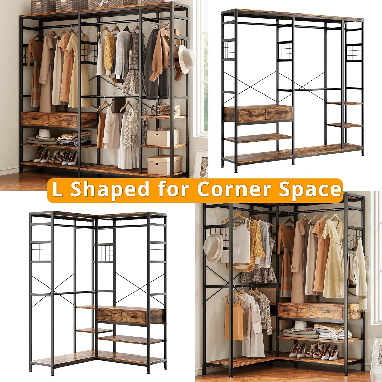 Heavy Duty Clothes Rack Closet Organizer and Storage Shelves with 2 Wa