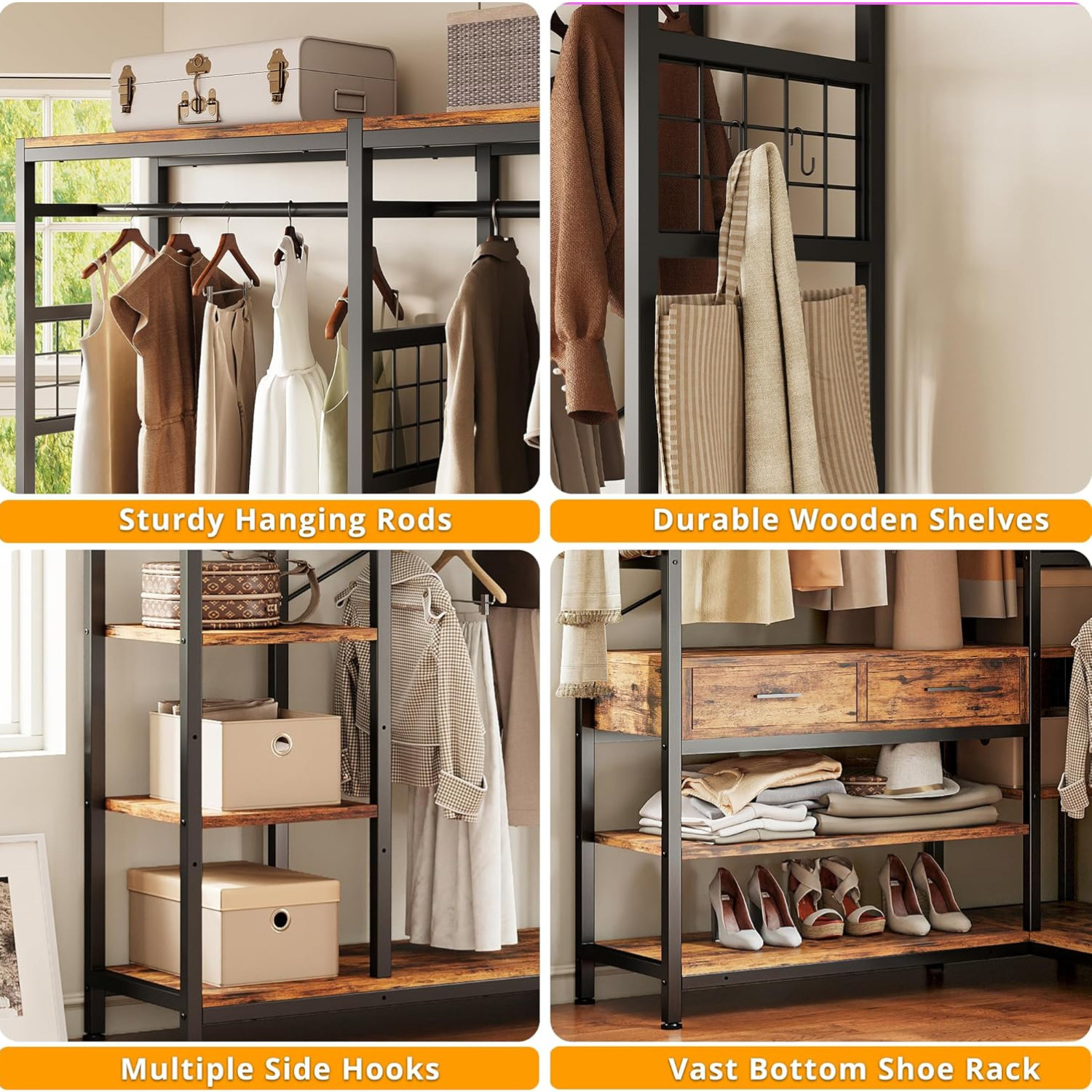Heavy Duty Clothes Rack Closet Organizer and Storage Shelves with 2 Wa