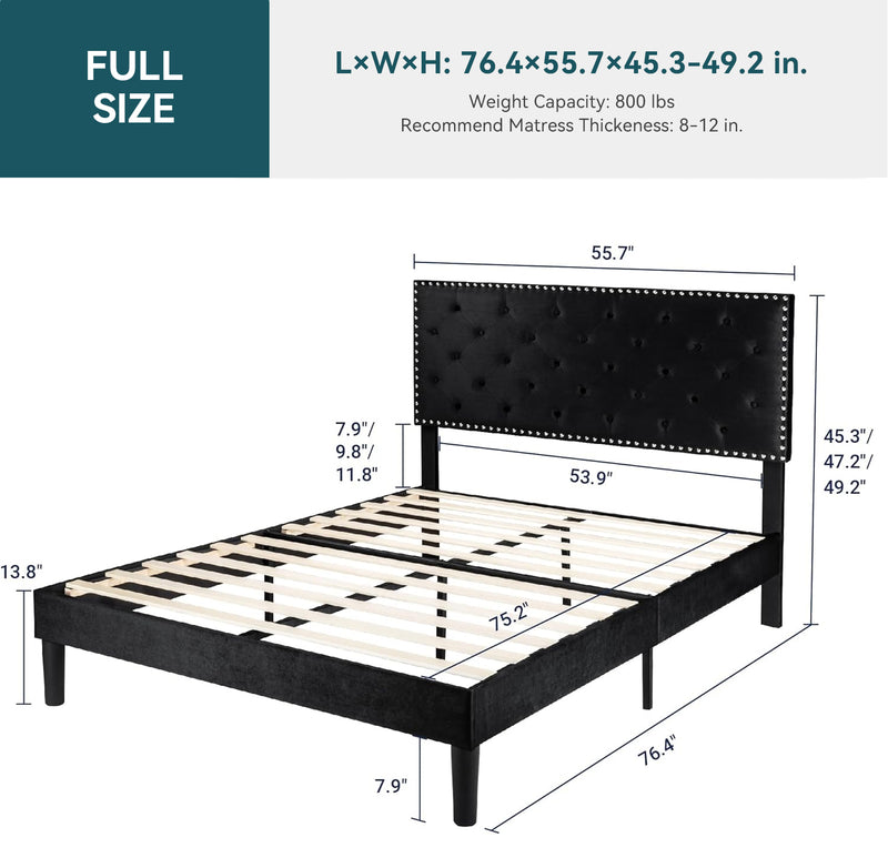 Velvet Upholstered Bed Frame with Adjustable Button Tufted Headboard, Slats Support, No Box Spring Needed