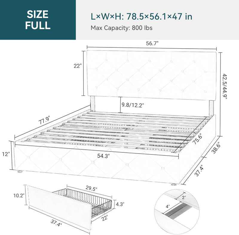 Faux Leather Upholstered Bed Frame with 4 Drawers Storage and Button Headboard