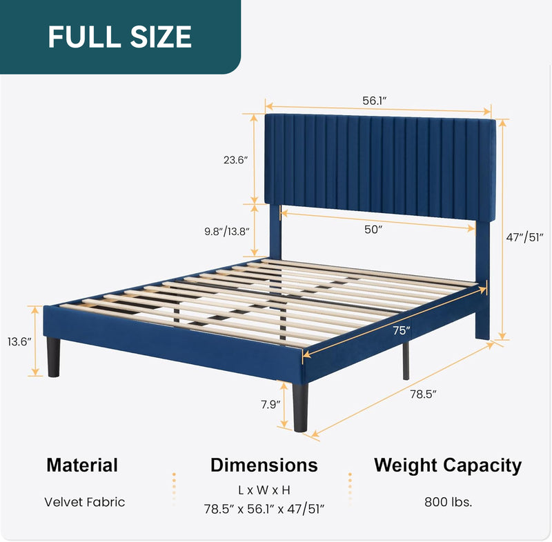 Velvet Upholstered Platform Bed Frame with Vertical Line Tufted Wingback Headboard, Strong Wooden Slats, and No Box Spring Needed