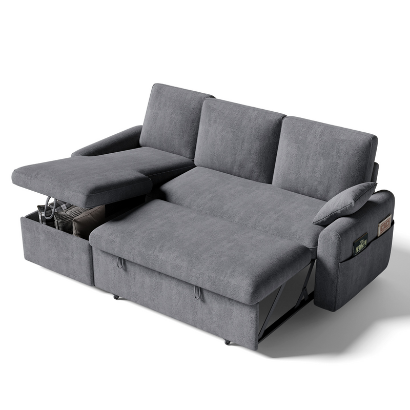 L Shaped Sleeper Sofa with Storage Chaise, Pull Out Couch Bed with 2 Pillows, Sectional Sleeper Couch for Living Room