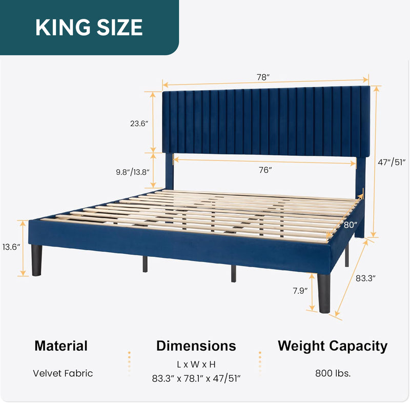 Velvet Upholstered Platform Bed Frame with Vertical Line Tufted Wingback Headboard, Strong Wooden Slats, and No Box Spring Needed