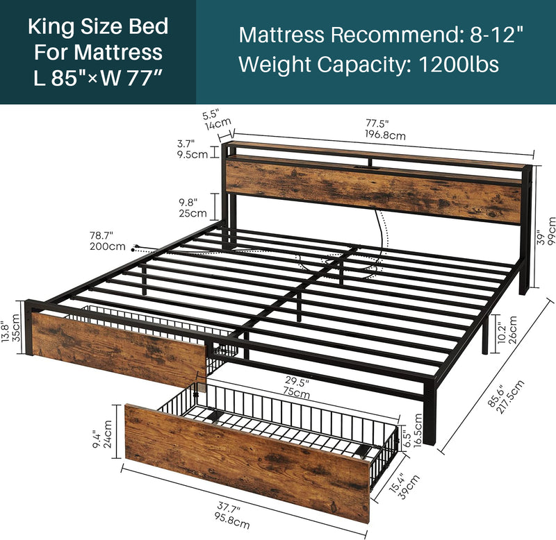 Bed Frame with Storage Headboard Platform Bed with Drawers and Charging Station, No Box Spring Needed