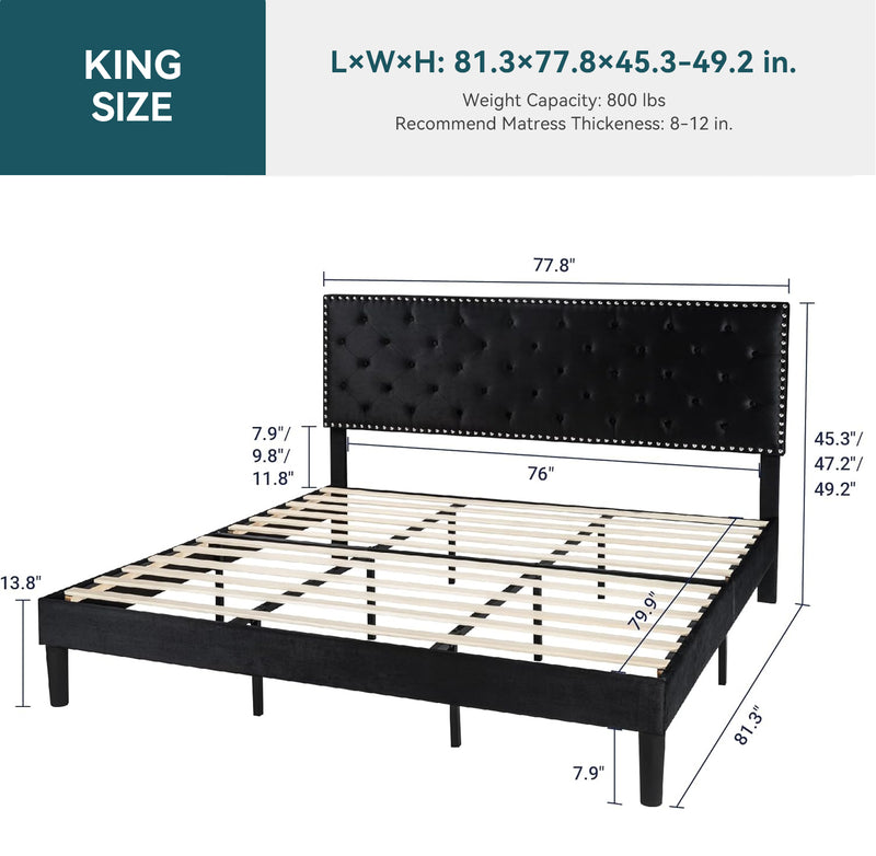 Velvet Upholstered Bed Frame with Adjustable Button Tufted Headboard, Slats Support, No Box Spring Needed