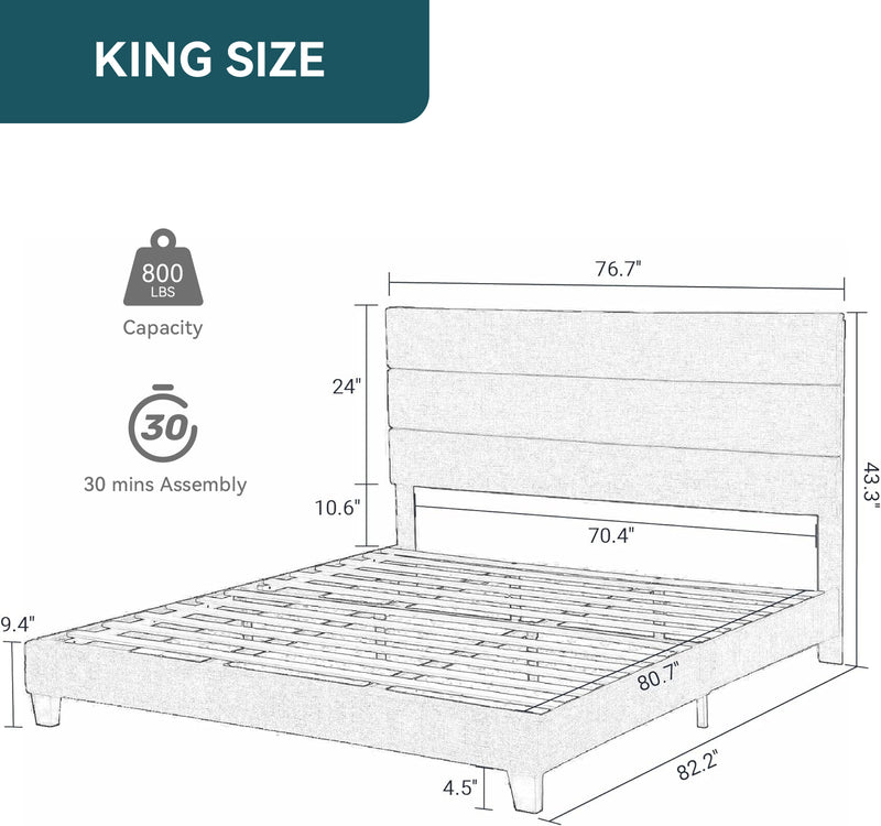 Platform Bed Frame with Fabric Upholstered Headboard and Wooden Slat Support, No Springs Required