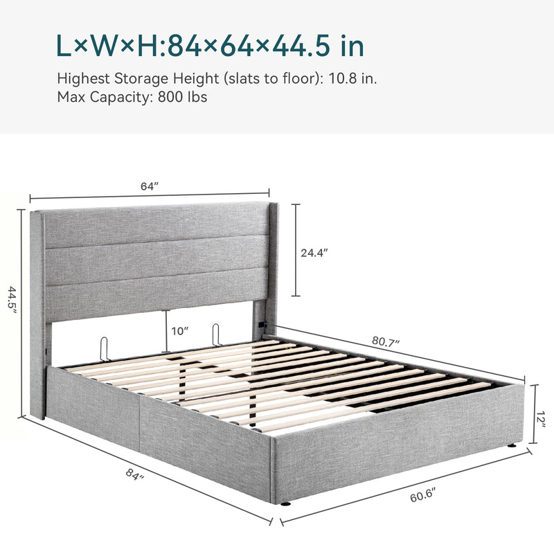 Lift Up Storage Bed Frame Hydraulic Storage with Modern Wingback Headboard, No Box Spring Required